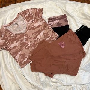 PINK, 3-piece set! V-neck t-shirt, long sleeve tee, & yoga leggings. Size large
